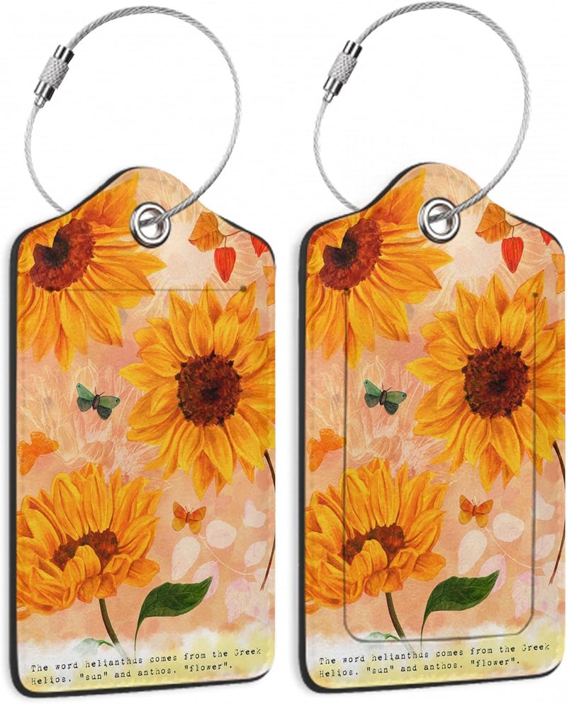 SKYDAWNY Sunflowers Luggage Tags Set of 2 Butterfly Retro Leather Suitcase Tags with Stainless Steel Loop and Privacy Cover for Women Men Travel Luggage Accessories - Image 1